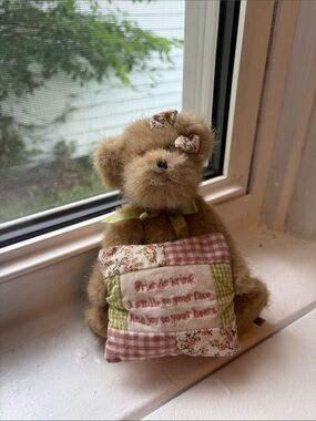 Boyds Bears Brown Plush Bear with Pink & Green Patchwork Pillow